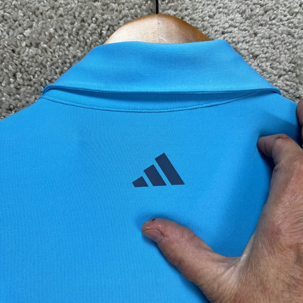 Adidas Polo Shirt Mens Large Blue Long Sleeve‎ 3 Button Placket Stretch Golf EUC